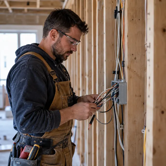 Electricista con anteojos de seguridad conectando cables en una caja dentro de una pared en obra
