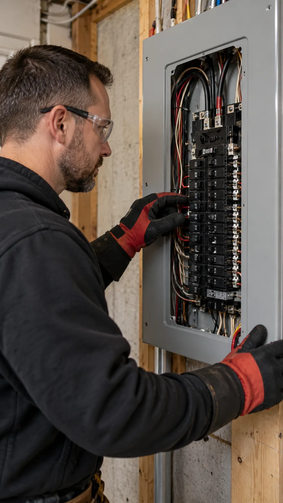 Electricista con guantes y anteojos de seguridad revisando las térmicas de un tablero abierto