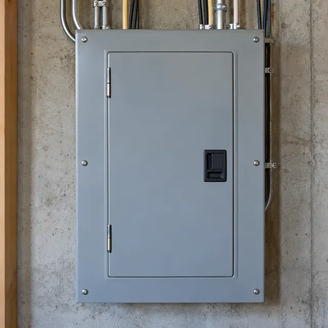 Detalle de la puerta de un tablero eléctrico gris