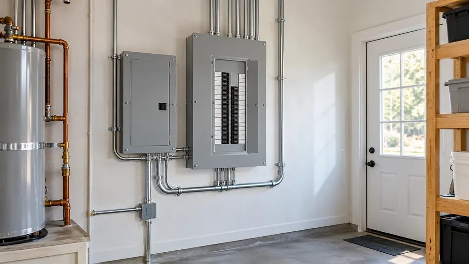 Dos tableros eléctricos grises con cañerías metálicas a la vista en la pared de un garaje
